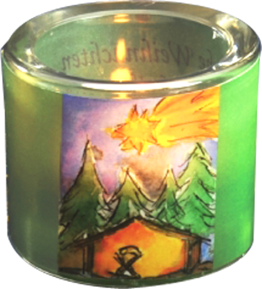 Glaslicht KRIPPE mit Spruch, grün -Rest-