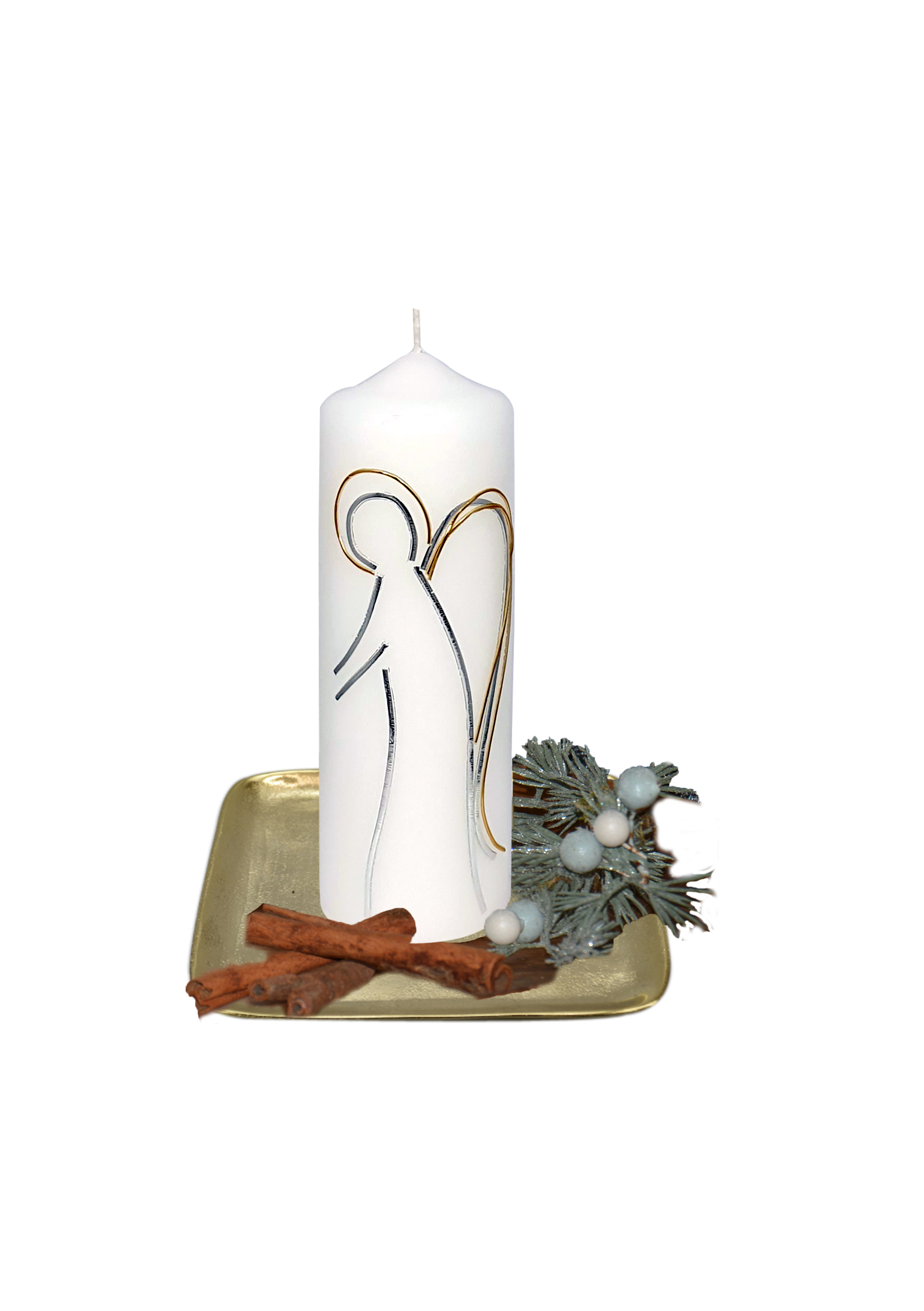 Kerze mit Engel in silber/gold