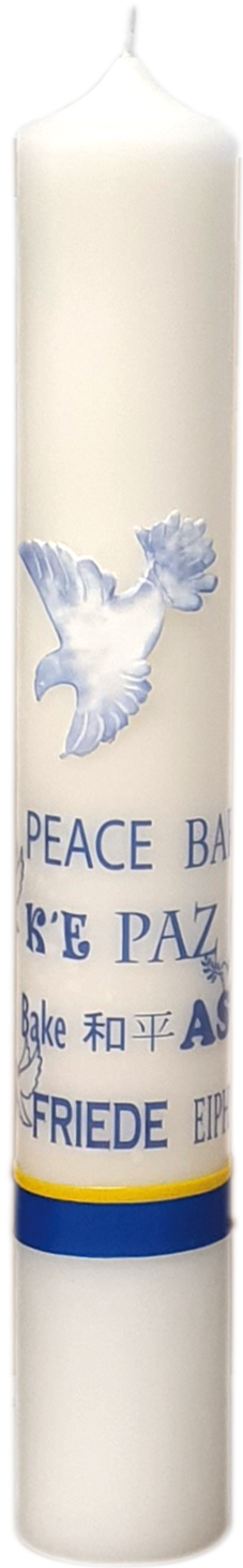 Friedenskerze mit Taube und Text